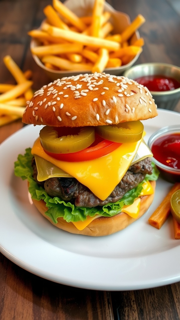 Classic cheeseburger with beef patty, cheese, lettuce, tomato, and pickles on a toasted bun, served with fries.